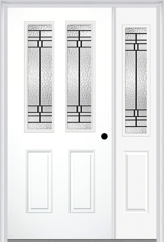 MMI 2-1/2 Lite 2 Panel 6'8" Fiberglass Smooth Pembrook Patina Exterior Prehung Door With 1 Half Lite Pembrook Patina Decorative Glass Sidelight 692